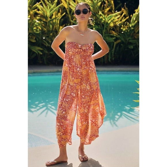 By Anthropologie | Women's Orange Motif Off The Shoulder Harem Jumpsuit XL - Picture 2 of 11